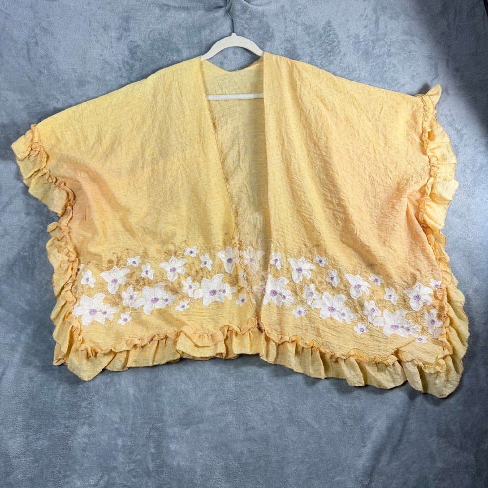 Unbranded Women OS Yellow Cardigan Shawl Floral Embroidered Ruffle Boho Kimono